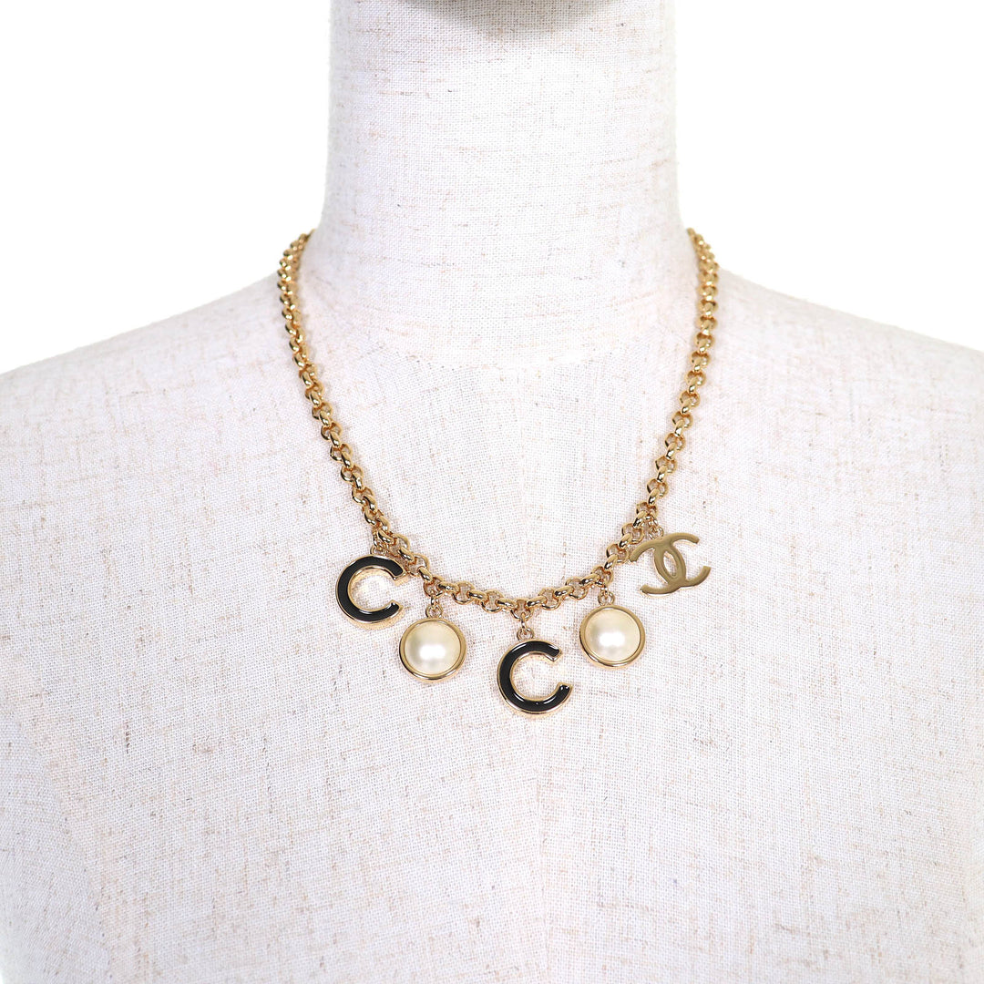 Excellent CHANEL Necklace COCO Logo COCO Mark Faux Pearl gold B24B ABE238