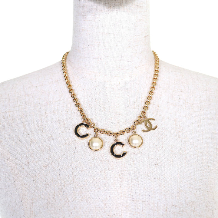 Excellent CHANEL Necklace COCO Logo COCO Mark Faux Pearl gold B24B ABE238