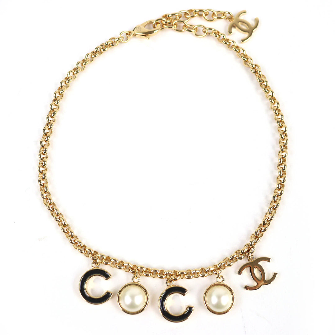 Excellent CHANEL Necklace COCO Logo COCO Mark Faux Pearl gold B24B ABE238