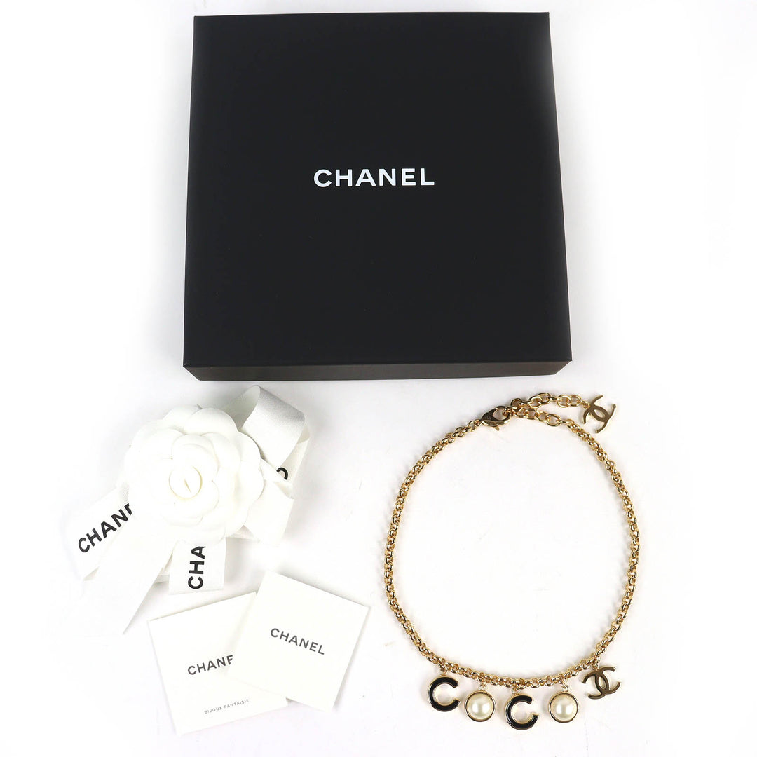 Excellent CHANEL Necklace COCO Logo COCO Mark Faux Pearl gold B24B ABE238