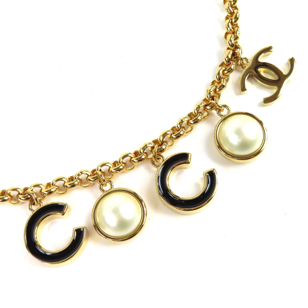 Excellent CHANEL Necklace COCO Logo COCO Mark Faux Pearl gold B24B ABE238