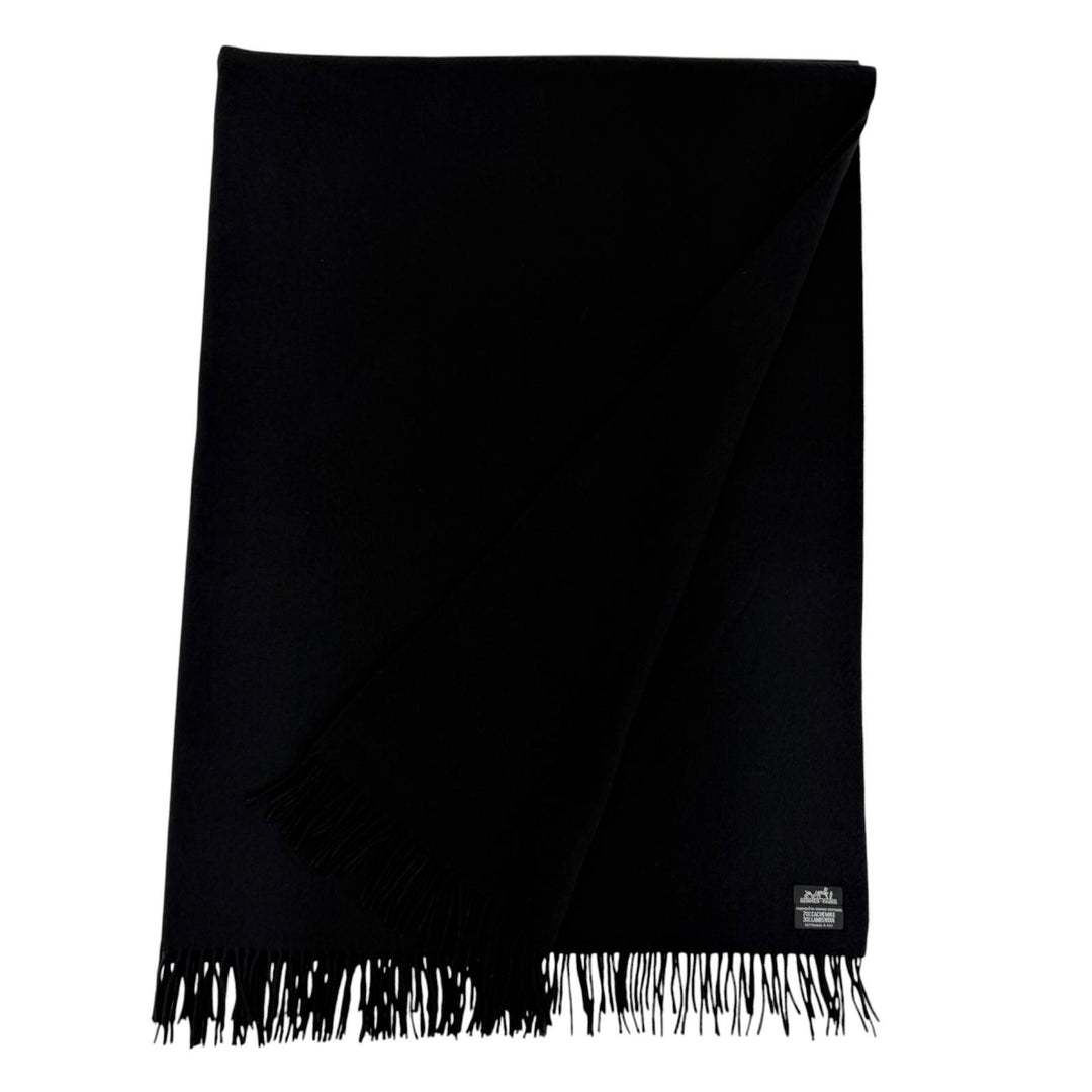 Very Good HERMES Logo embroidered, fringed, extra-large stole, black cashmer