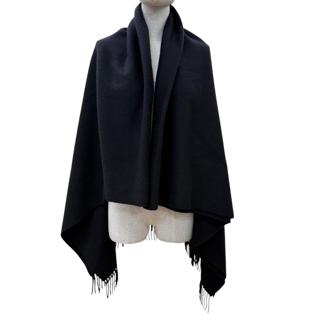 Very Good HERMES Logo embroidered, fringed, extra-large stole, black cashmer
