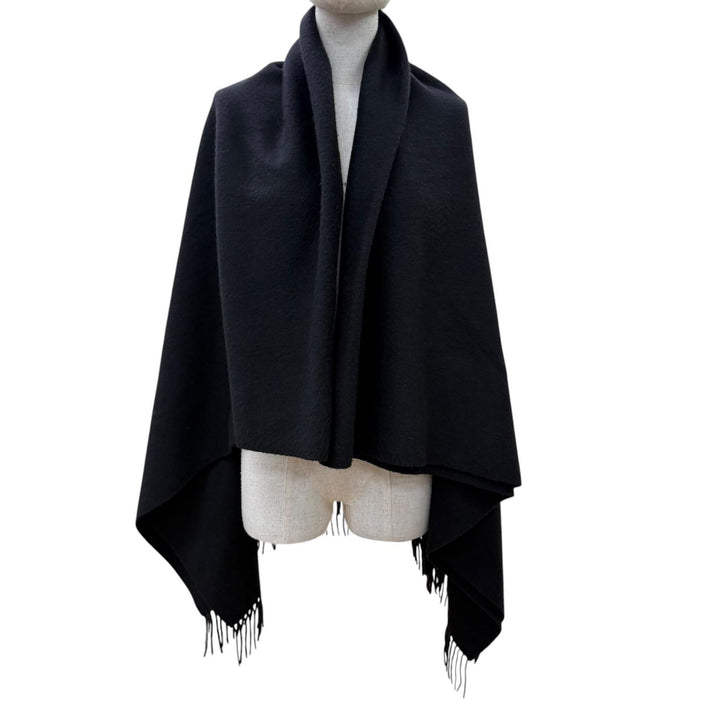 Very Good HERMES Logo embroidered, fringed, extra-large stole, black cashmer