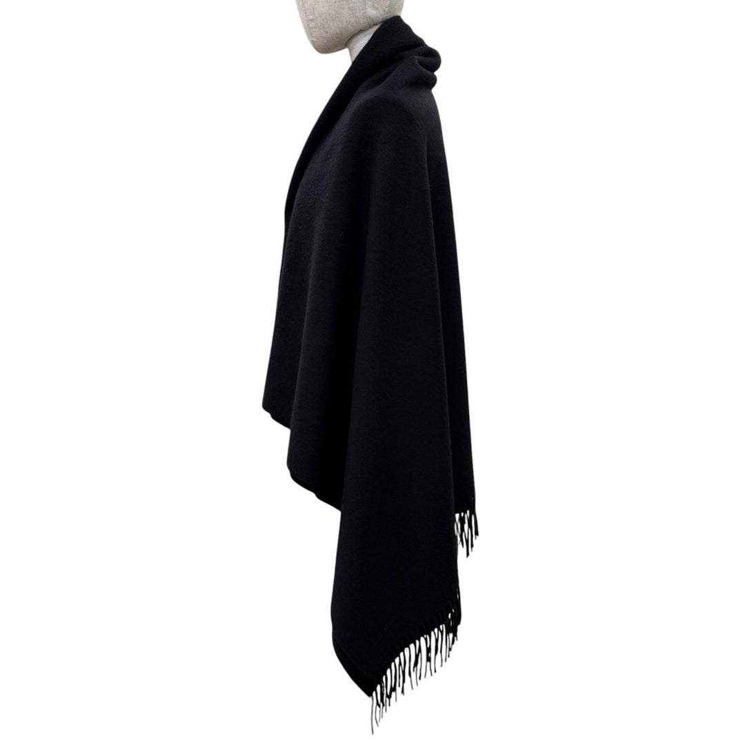 Very Good HERMES Logo embroidered, fringed, extra-large stole, black cashmer