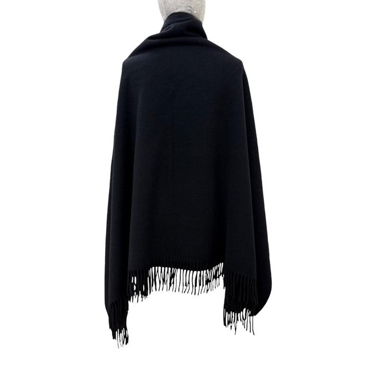 Very Good HERMES Logo embroidered, fringed, extra-large stole, black cashmer