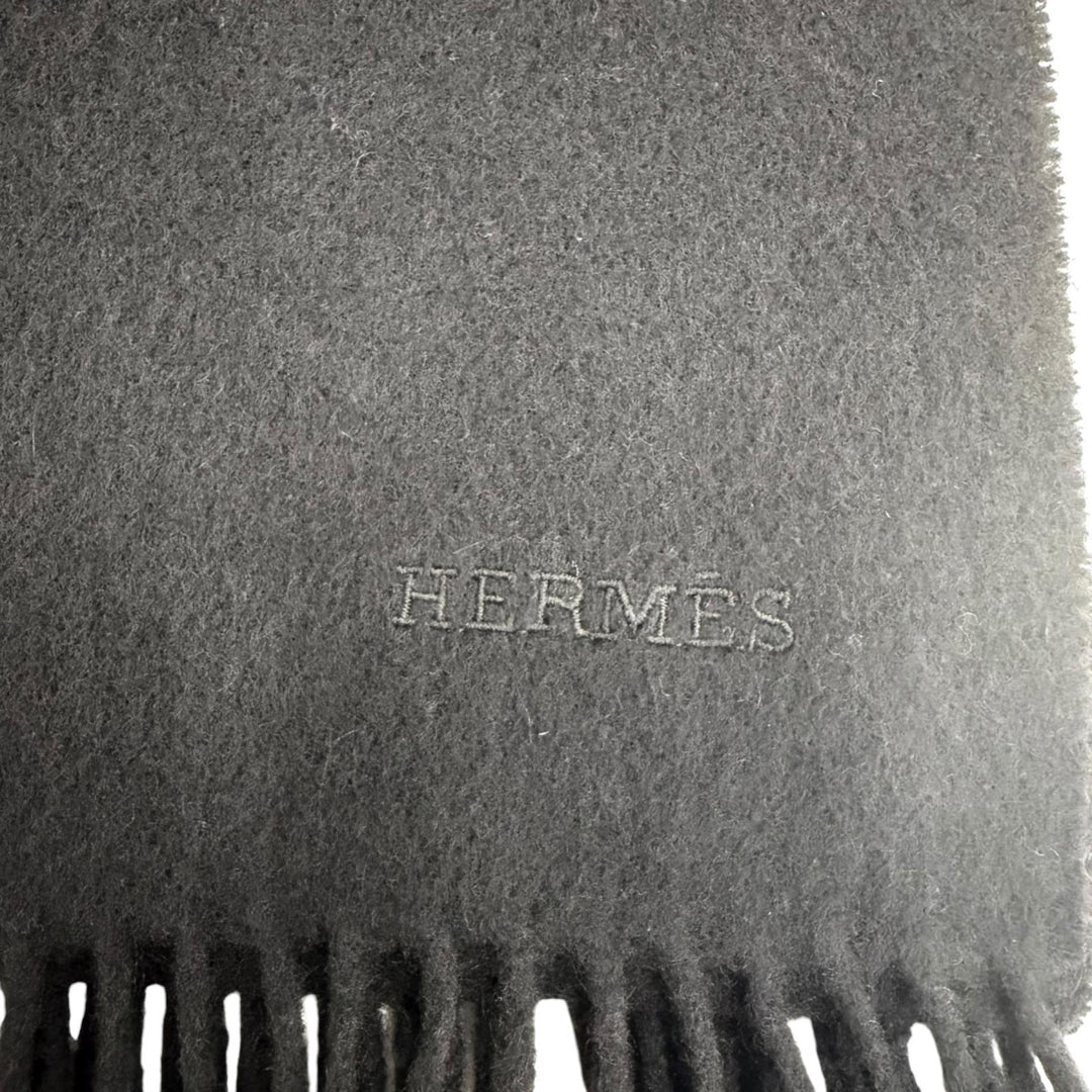 Very Good HERMES Logo embroidered, fringed, extra-large stole, black cashmer