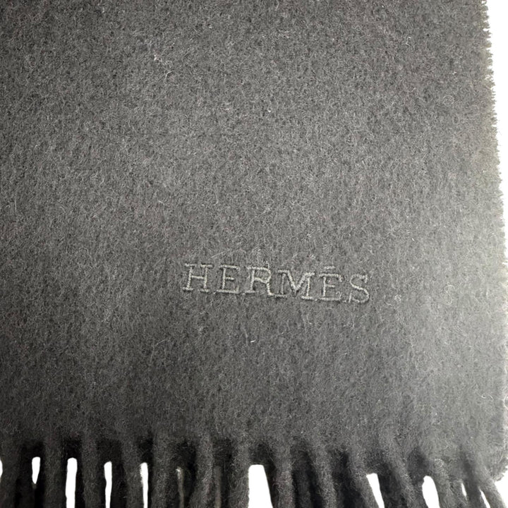 Very Good HERMES Logo embroidered, fringed, extra-large stole, black cashmer