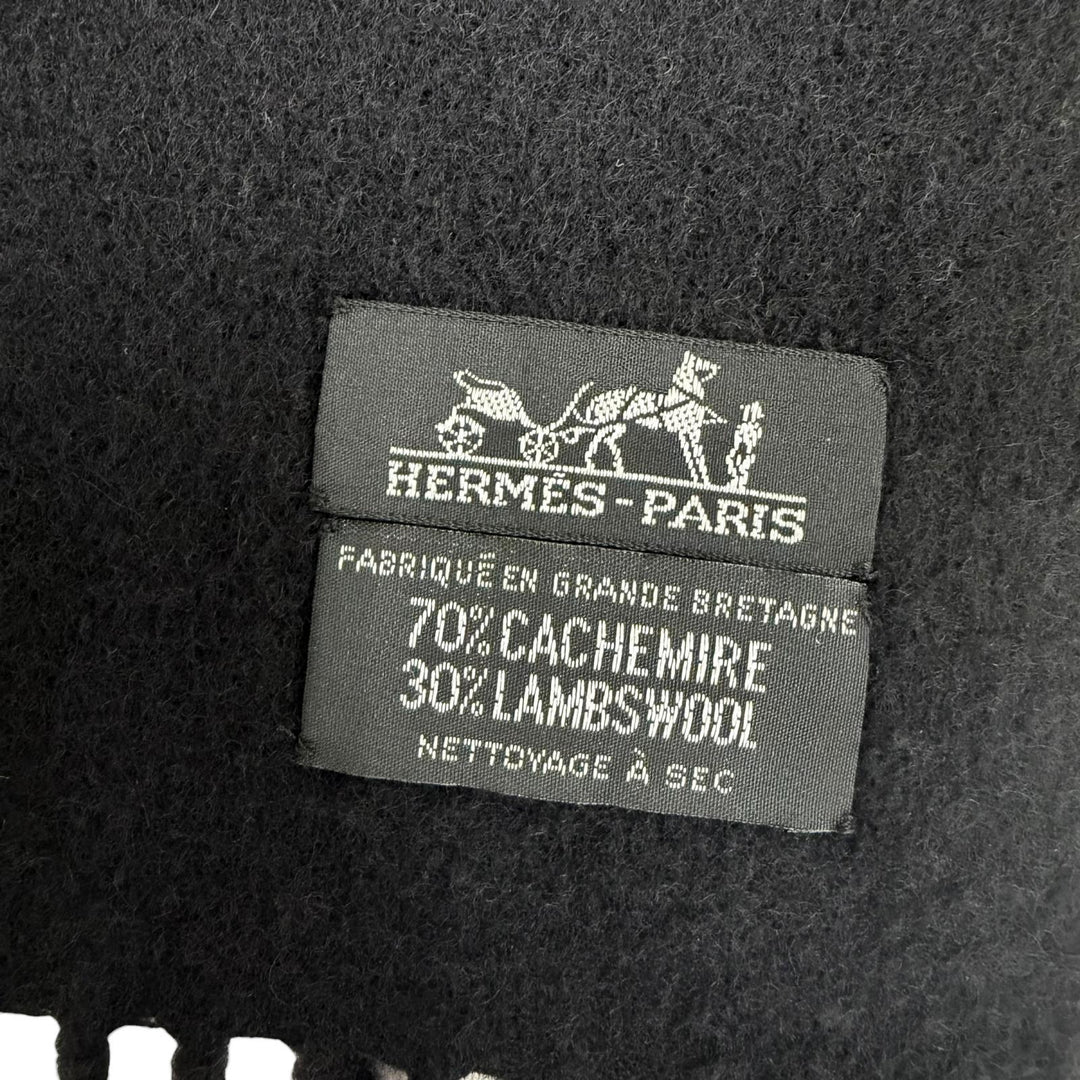 Very Good HERMES Logo embroidered, fringed, extra-large stole, black cashmer