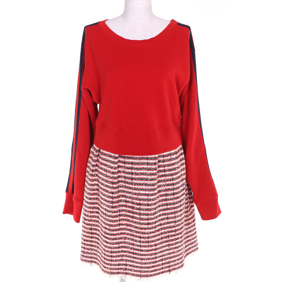 Excellent GUCCI one piece Sherry Line Tweed Docking Long Sleeve Red S 502126