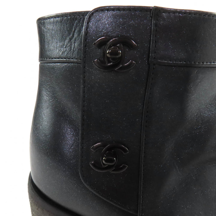 Great CHANEL short boots Double COCO Mark turn lock lamé leather black 36 G31285