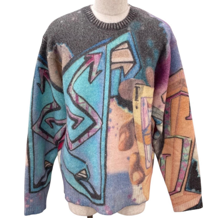 Excellent STUSSY knit Goldie Sweater Graffiti Rib-Knit Crew Neck Multi XL 117159