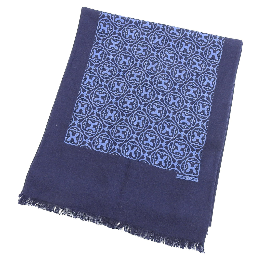 Excellent HERMES shawl H-pattern fringed shawl/scarf/stole Navy cashmere mens
