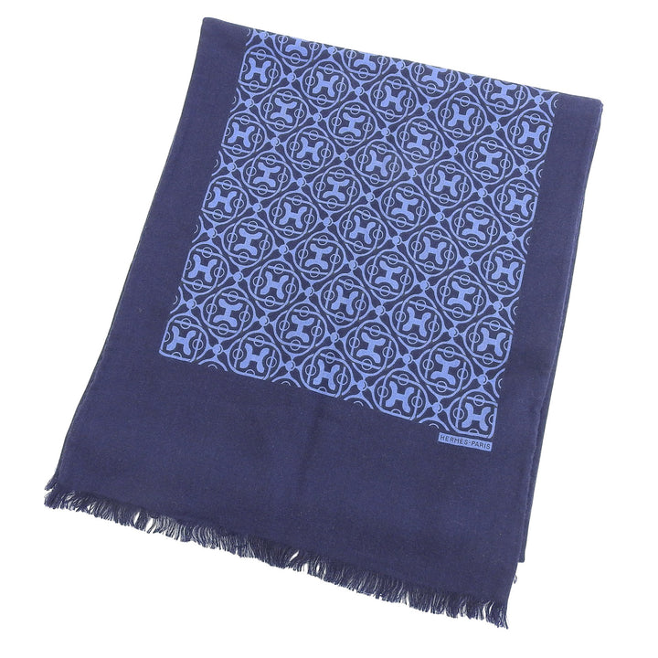 Excellent HERMES shawl H-pattern fringed shawl/scarf/stole Navy cashmere mens