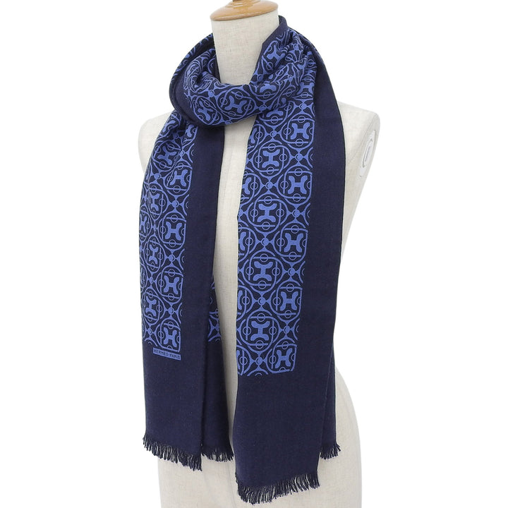 Excellent HERMES shawl H-pattern fringed shawl/scarf/stole Navy cashmere mens