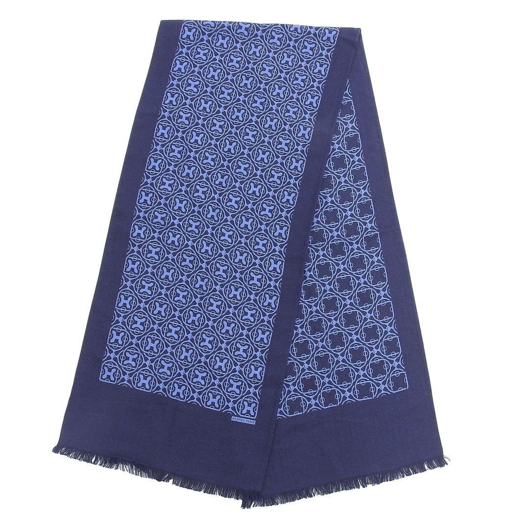 Excellent HERMES shawl H-pattern fringed shawl/scarf/stole Navy cashmere mens