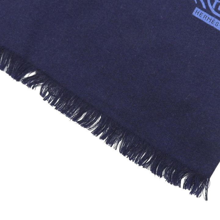 Excellent HERMES shawl H-pattern fringed shawl/scarf/stole Navy cashmere mens