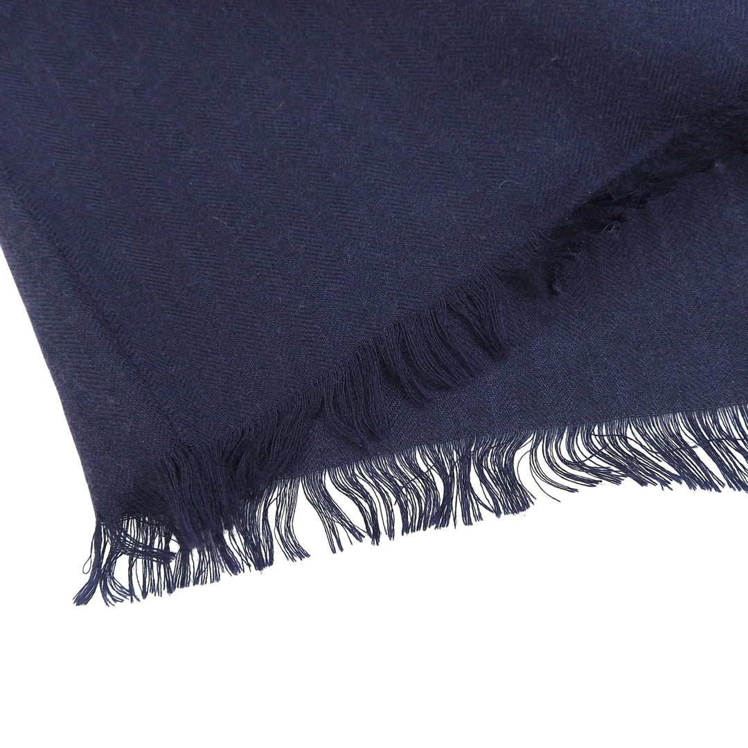Excellent HERMES shawl H-pattern fringed shawl/scarf/stole Navy cashmere mens