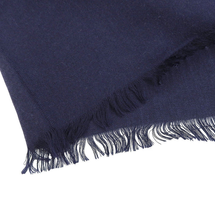 Excellent HERMES shawl H-pattern fringed shawl/scarf/stole Navy cashmere mens