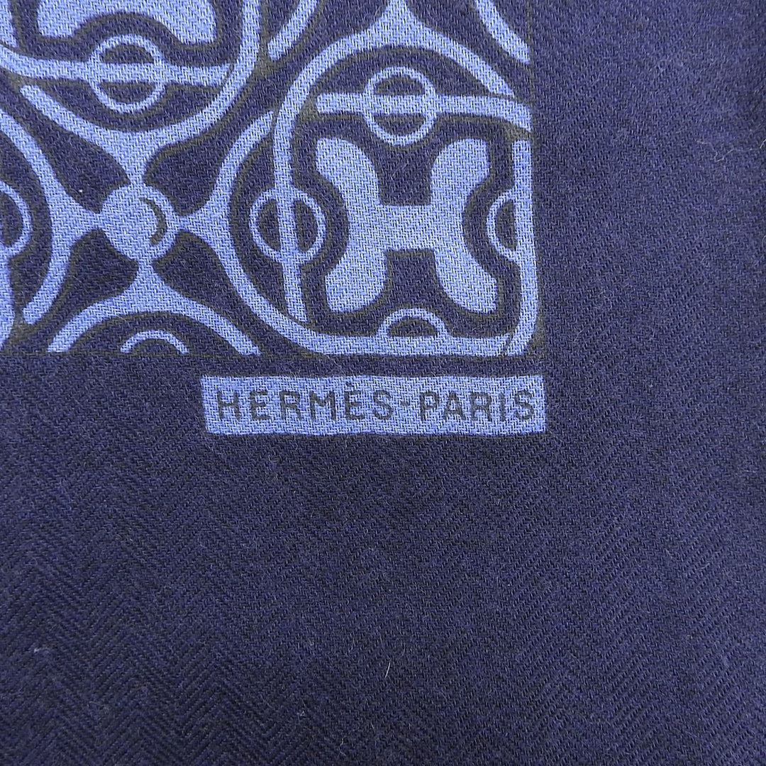 Excellent HERMES shawl H-pattern fringed shawl/scarf/stole Navy cashmere mens