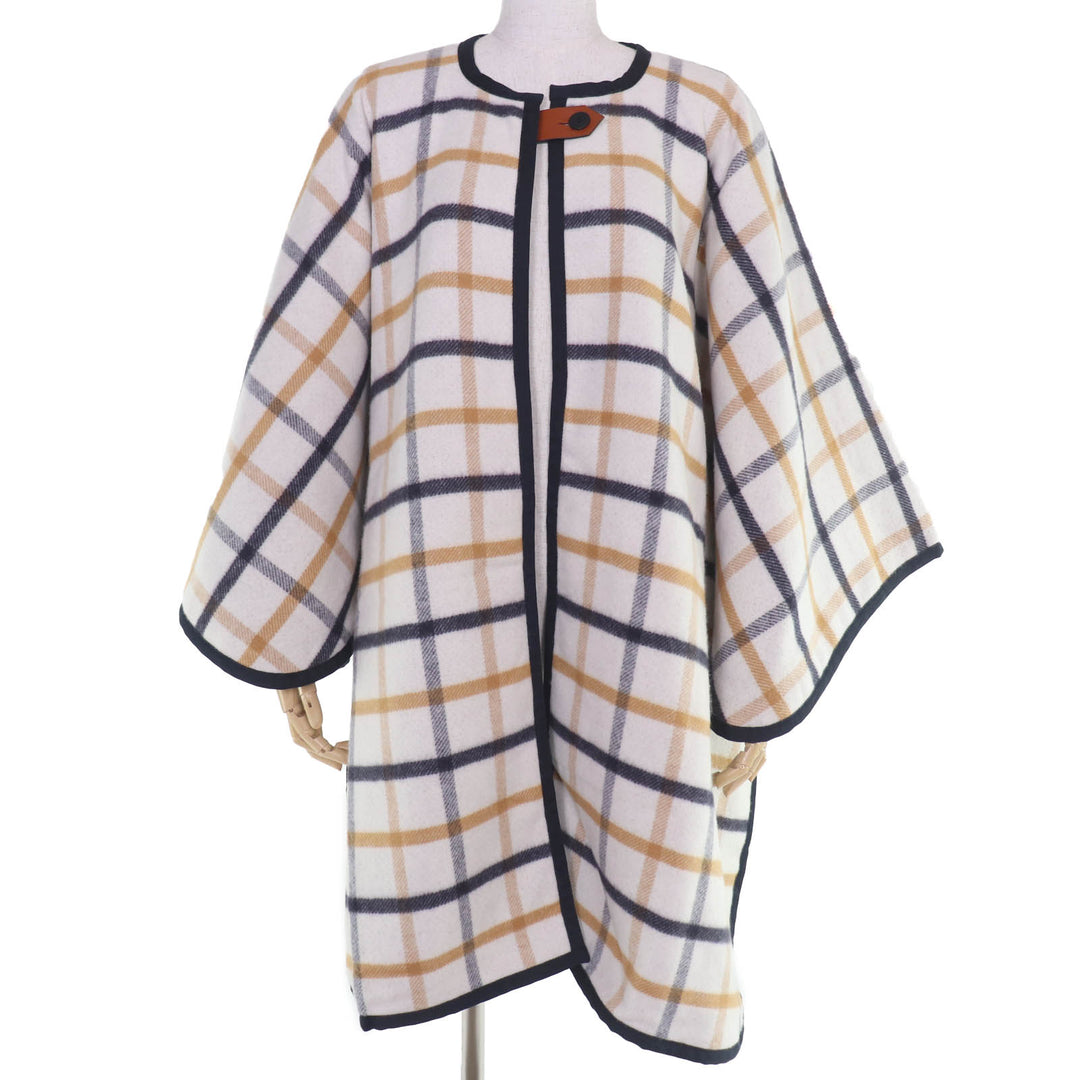 Pristine HERMES poncho Check Pattern Leather Trim Large Cape Coat Women