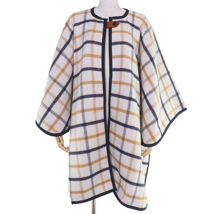 Pristine HERMES poncho Check Pattern Leather Trim Large Cape Coat Women