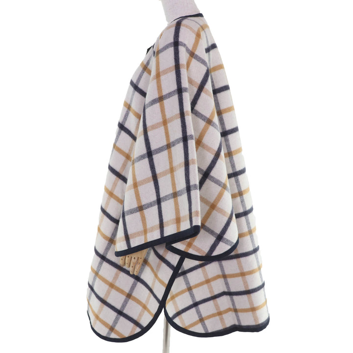 Pristine HERMES poncho Check Pattern Leather Trim Large Cape Coat Women