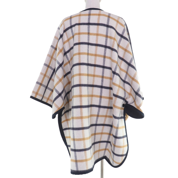 Pristine HERMES poncho Check Pattern Leather Trim Large Cape Coat Women