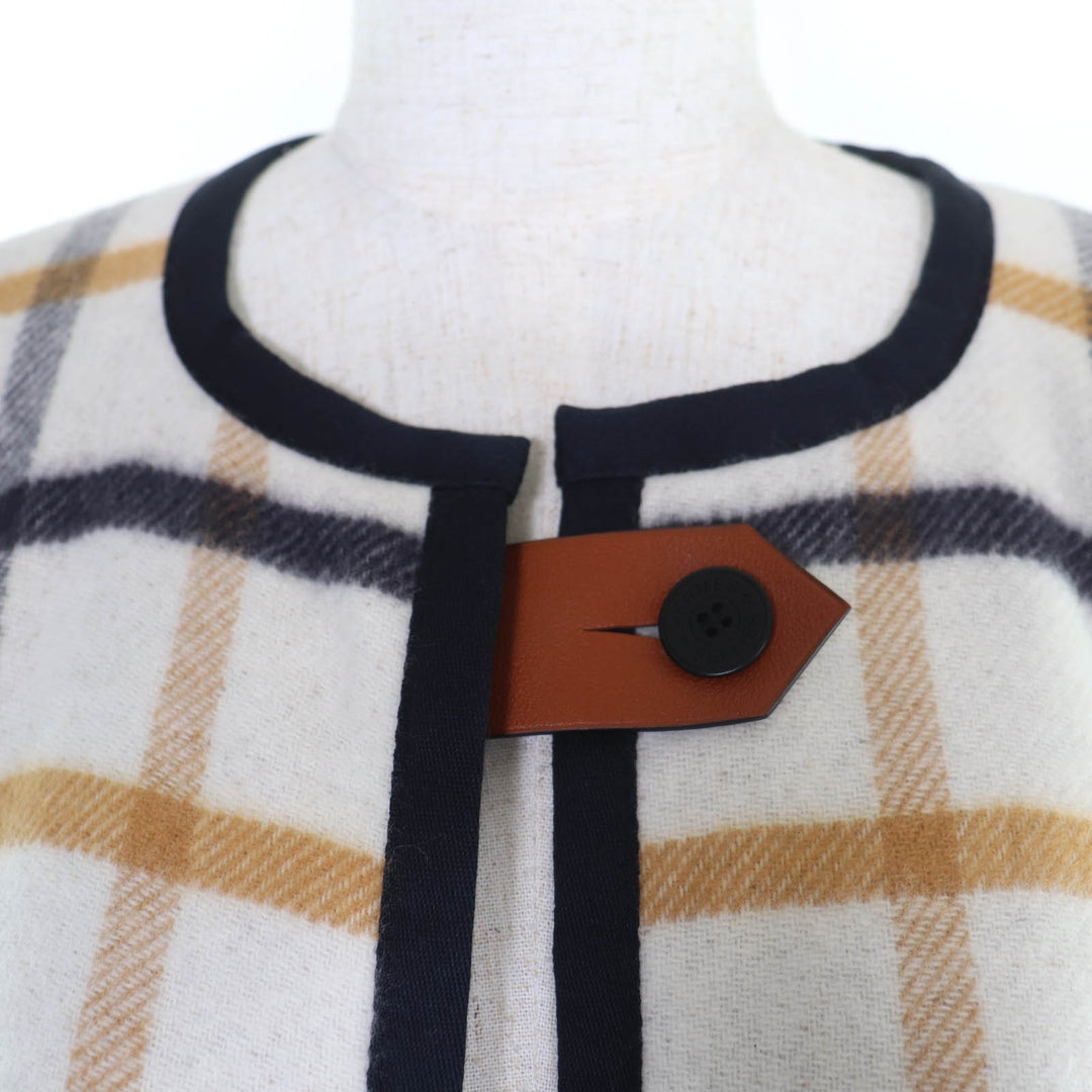 Pristine HERMES poncho Check Pattern Leather Trim Large Cape Coat Women