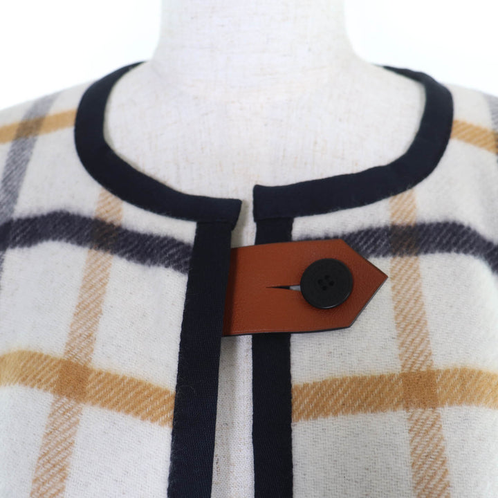 Pristine HERMES poncho Check Pattern Leather Trim Large Cape Coat Women