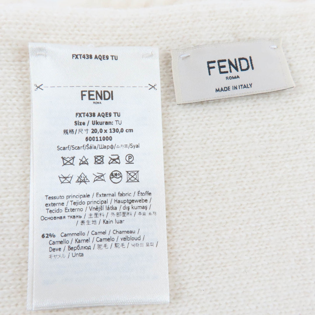 Excellent FENDI Scarf 100% cashmere logo knit Ivory Camel Women FXT438