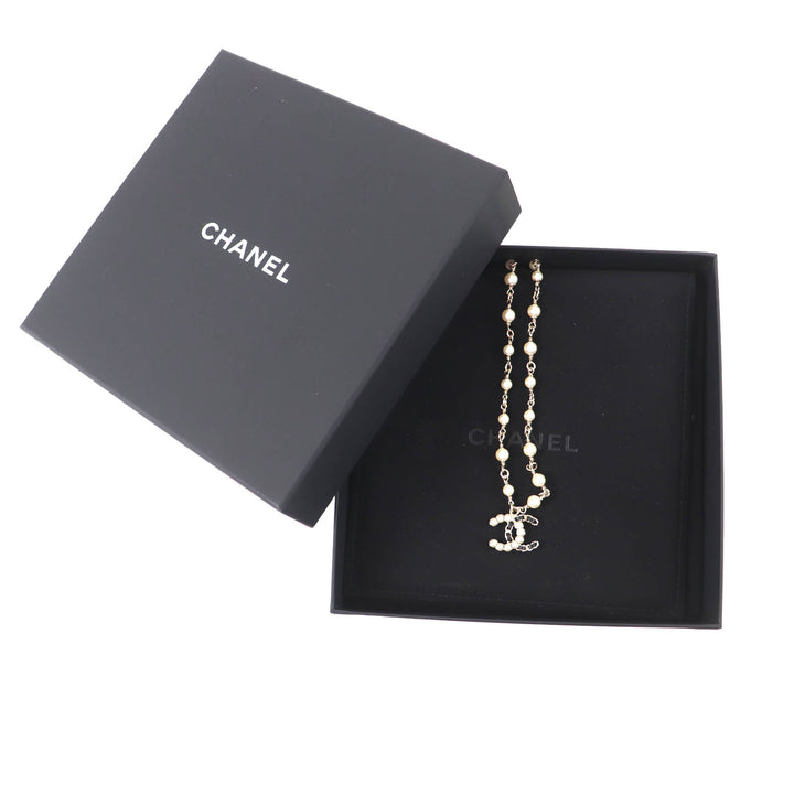 Excellent CHANEL Necklace COCO Mark Faux Pearl Leather gold Women B25K