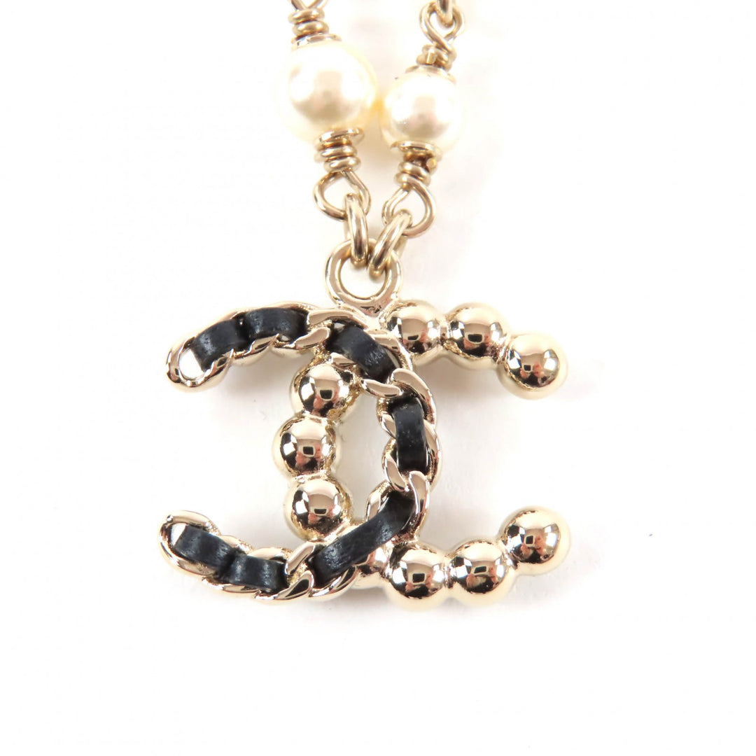Excellent CHANEL Necklace COCO Mark Faux Pearl Leather gold Women B25K