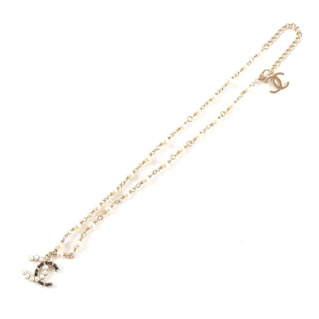 Excellent CHANEL Necklace COCO Mark Faux Pearl Leather gold Women B25K