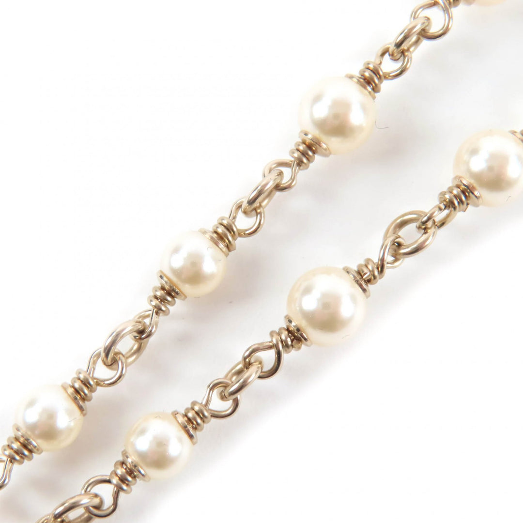 Excellent CHANEL Necklace COCO Mark Faux Pearl Leather gold Women B25K