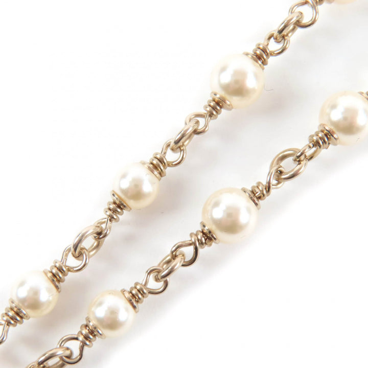Excellent CHANEL Necklace COCO Mark Faux Pearl Leather gold Women B25K
