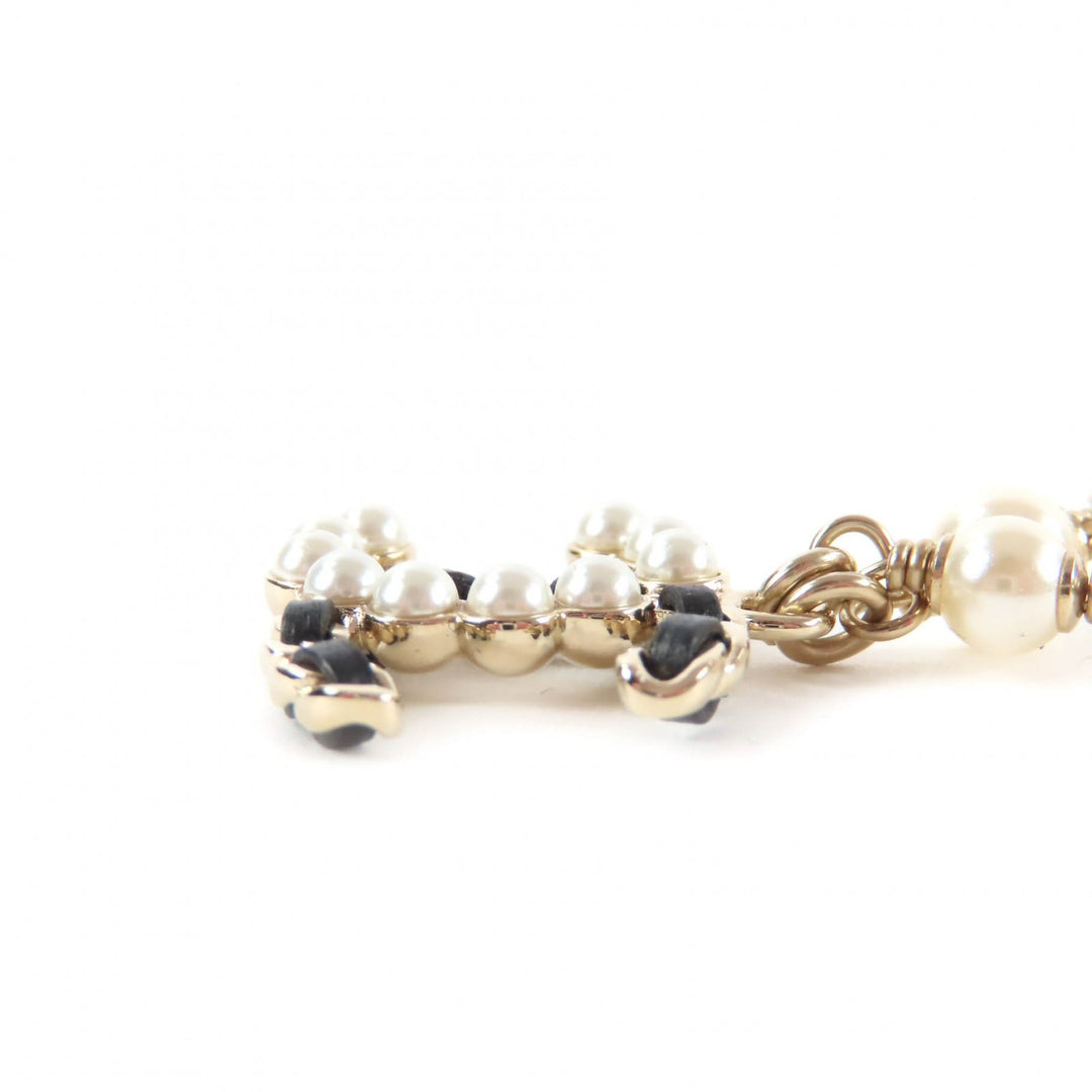 Excellent CHANEL Necklace COCO Mark Faux Pearl Leather gold Women B25K