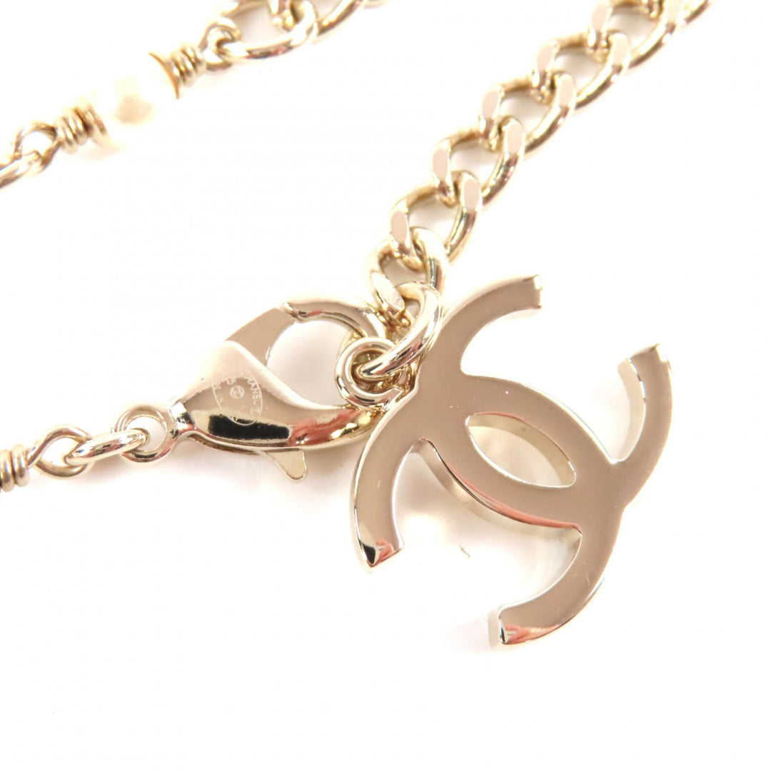 Excellent CHANEL Necklace COCO Mark Faux Pearl Leather gold Women B25K