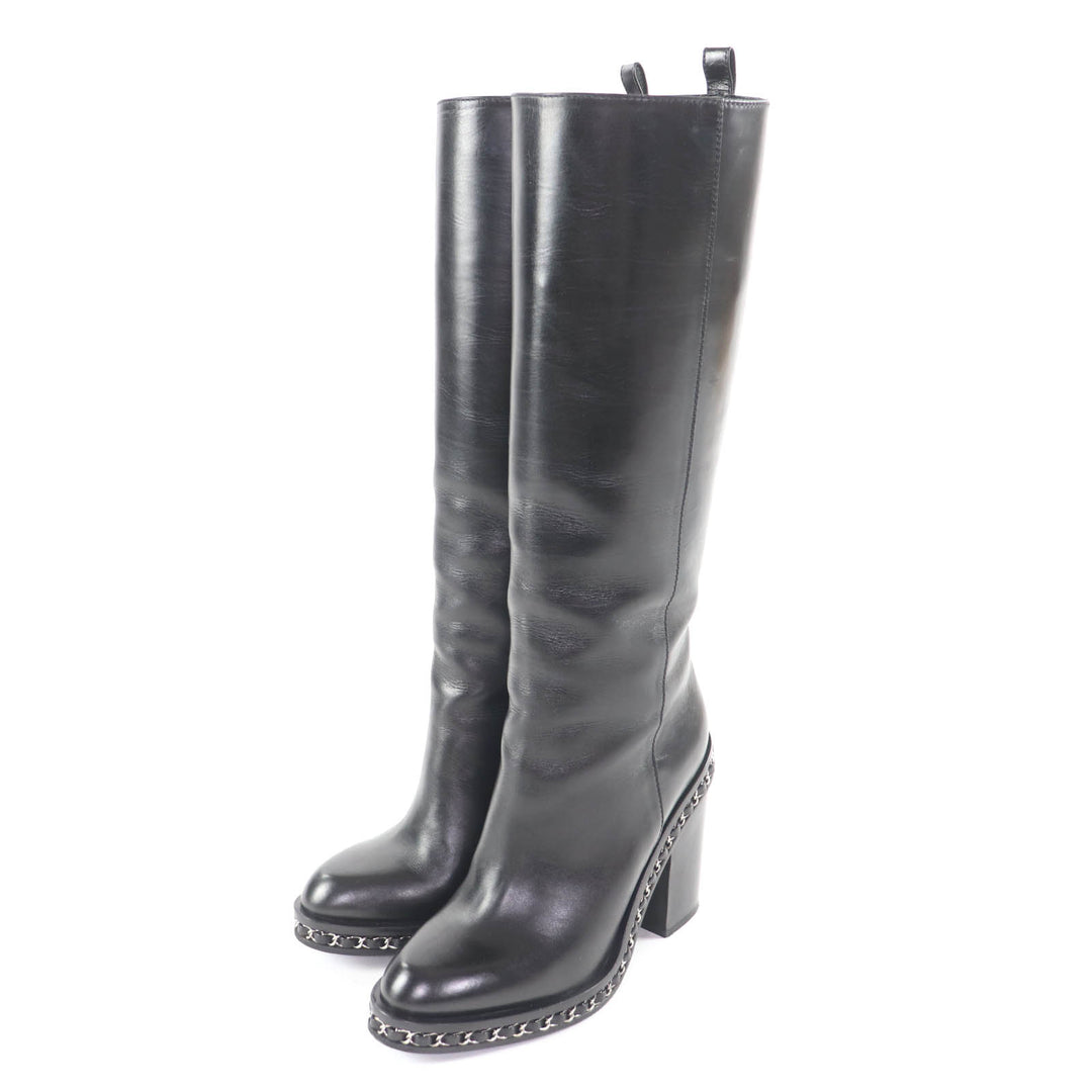 Great CHANEL Knee-high boots black leather Women 36 G30379