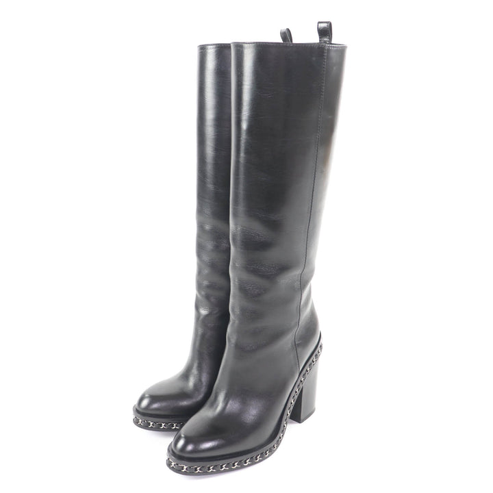 Great CHANEL Knee-high boots black leather Women 36 G30379