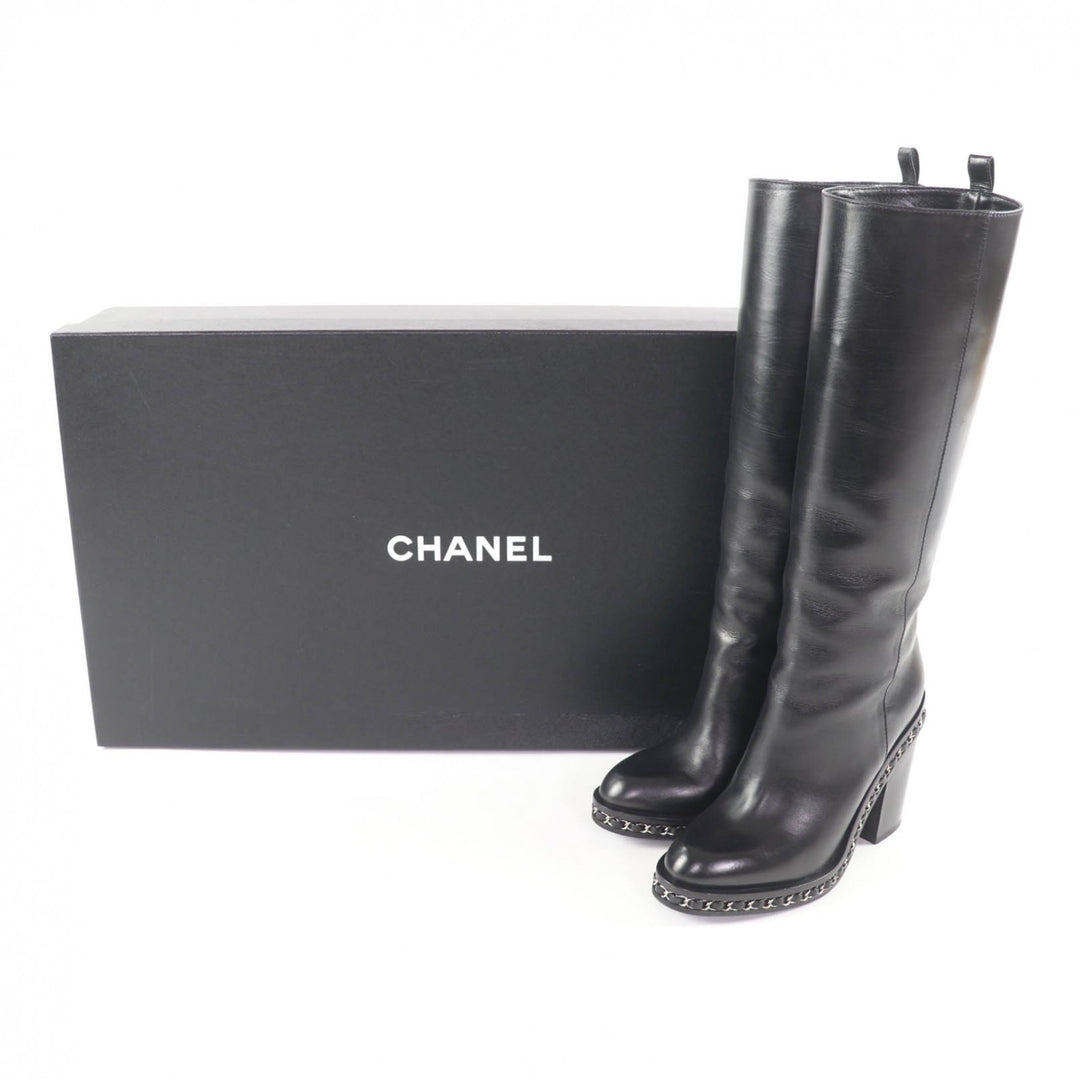 Great CHANEL Knee-high boots black leather Women 36 G30379
