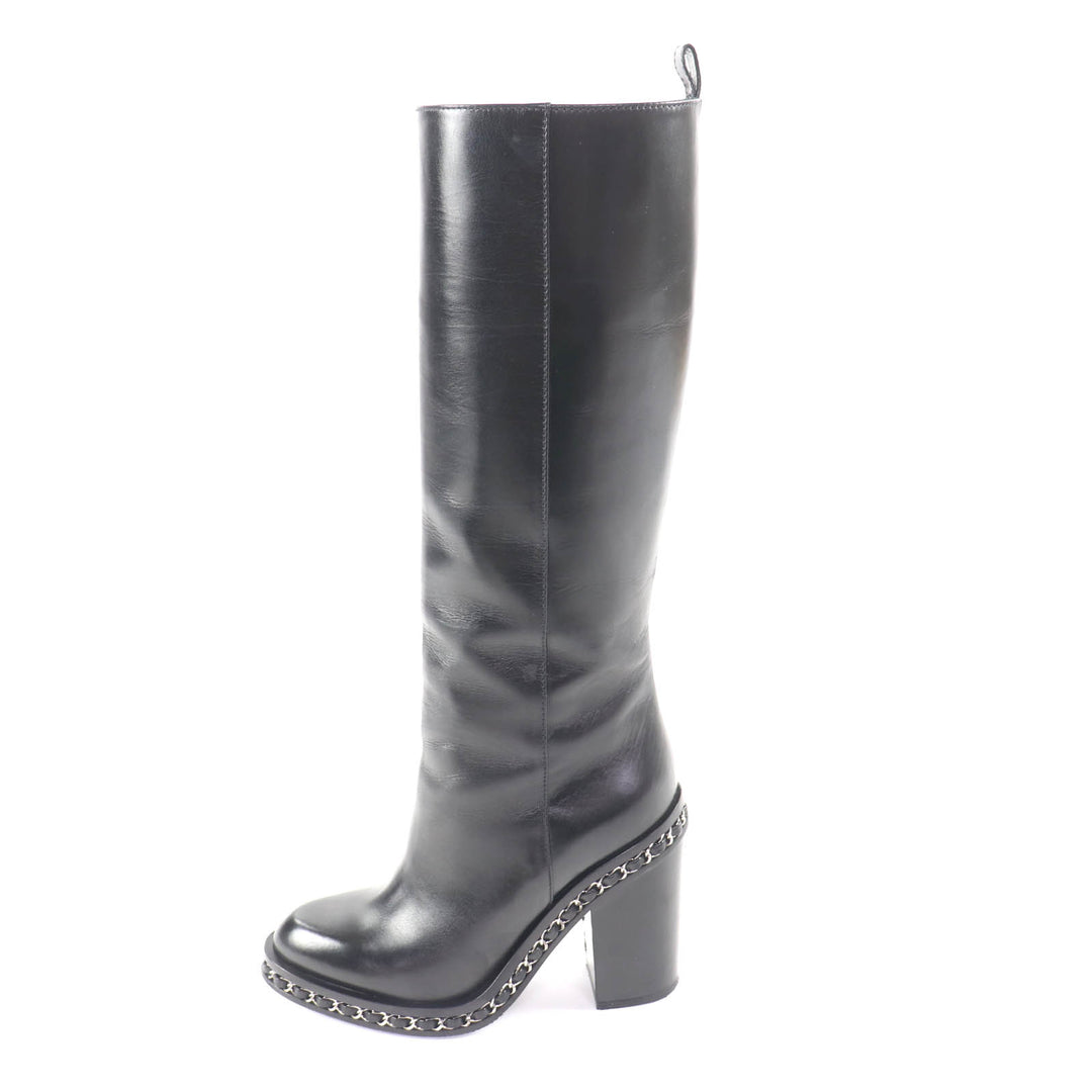 Great CHANEL Knee-high boots black leather Women 36 G30379
