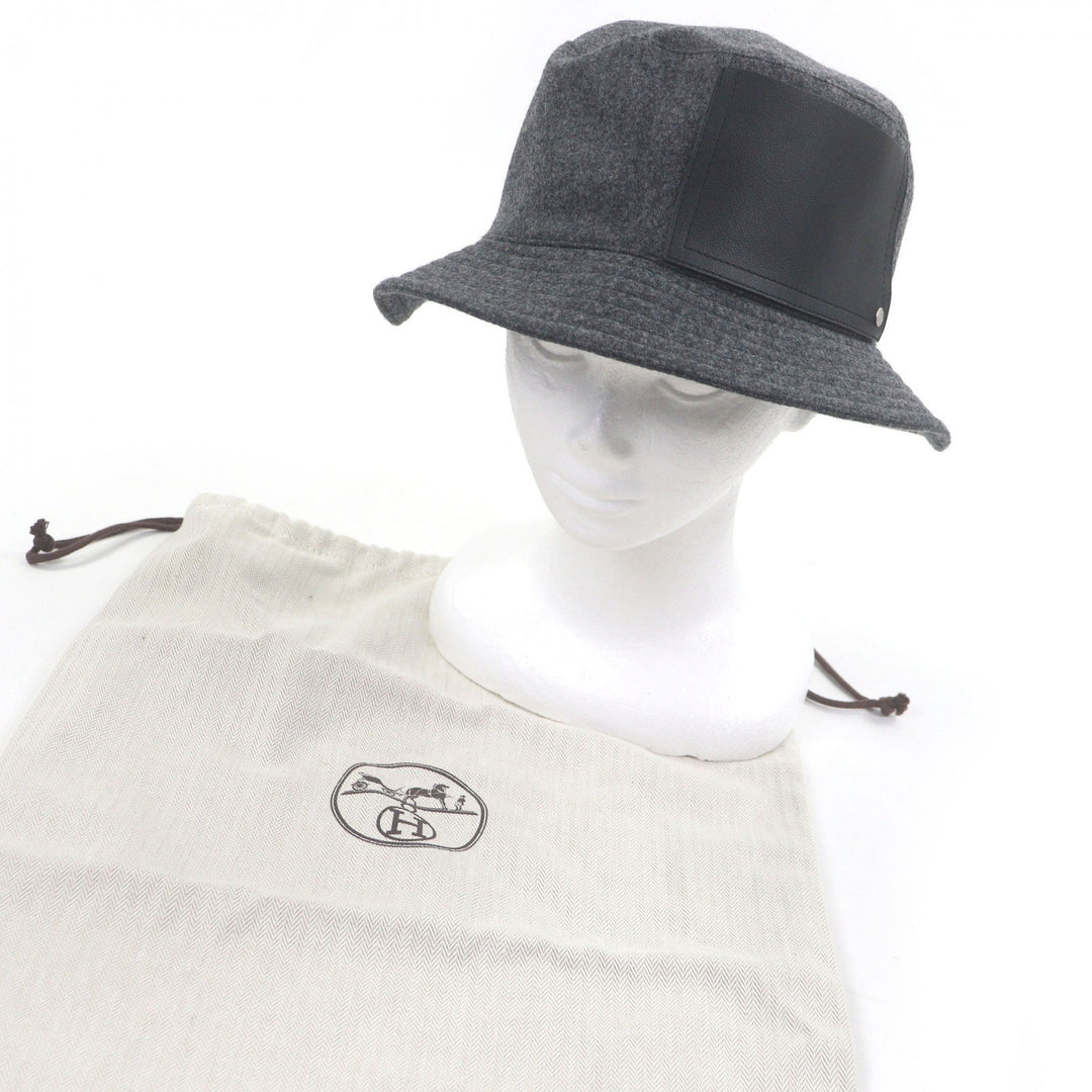 Great HERMES hat BOBFILIPE Serie Button Leather Pocket Bucket gray hair mens