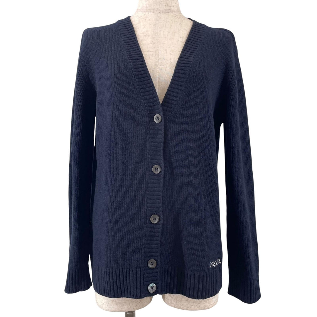 Great PRADA cardigan Rare size logo embroidery Navy Virgin wool Women 46 P25I56