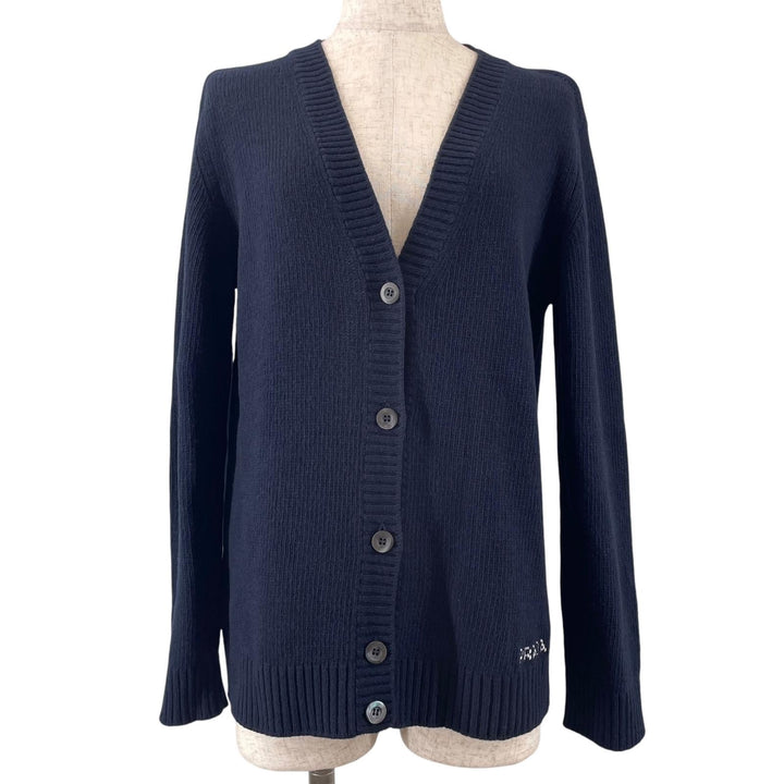 Great PRADA cardigan Rare size logo embroidery Navy Virgin wool Women 46 P25I56