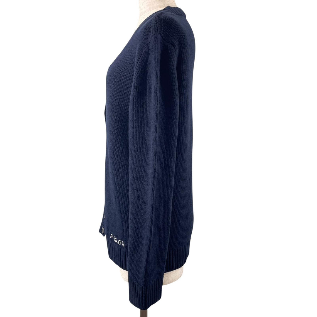 Great PRADA cardigan Rare size logo embroidery Navy Virgin wool Women 46 P25I56