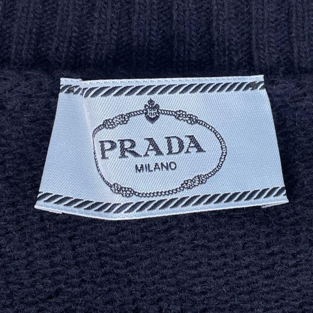 Great PRADA cardigan Rare size logo embroidery Navy Virgin wool Women 46 P25I56