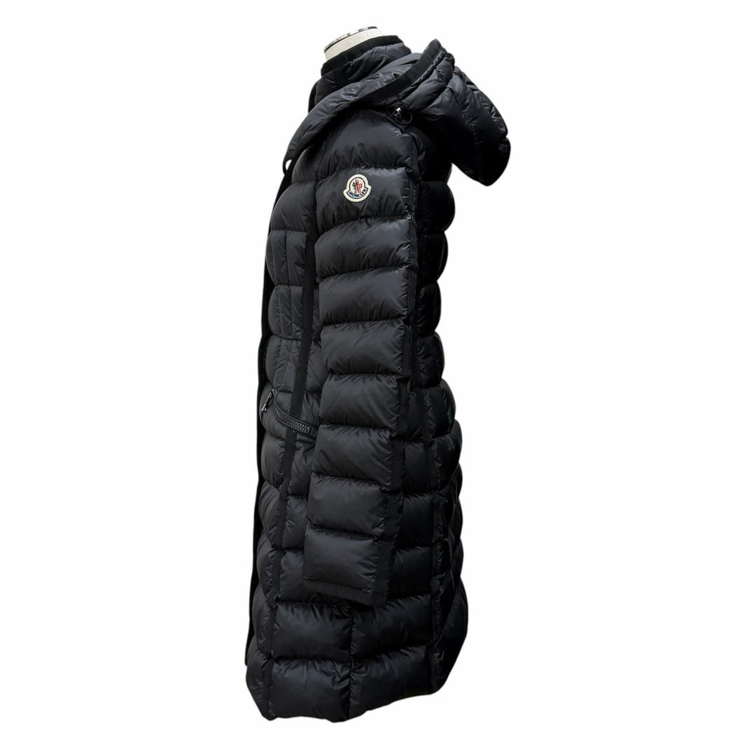 Great MONCLER down coat HERMINE Logo patch and hood black Nylon Women 0