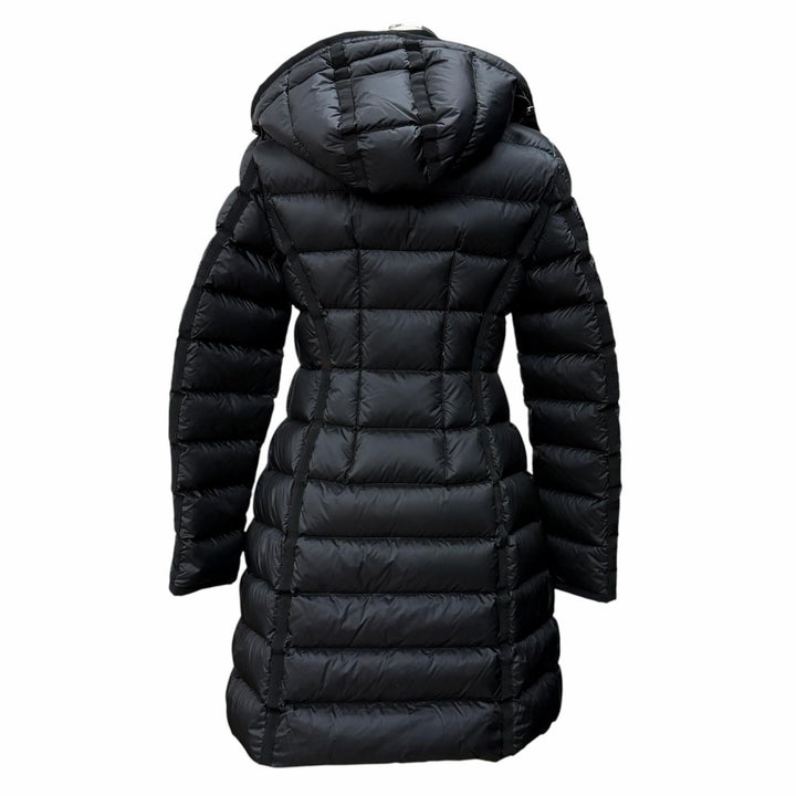 Great MONCLER down coat HERMINE Logo patch and hood black Nylon Women 0