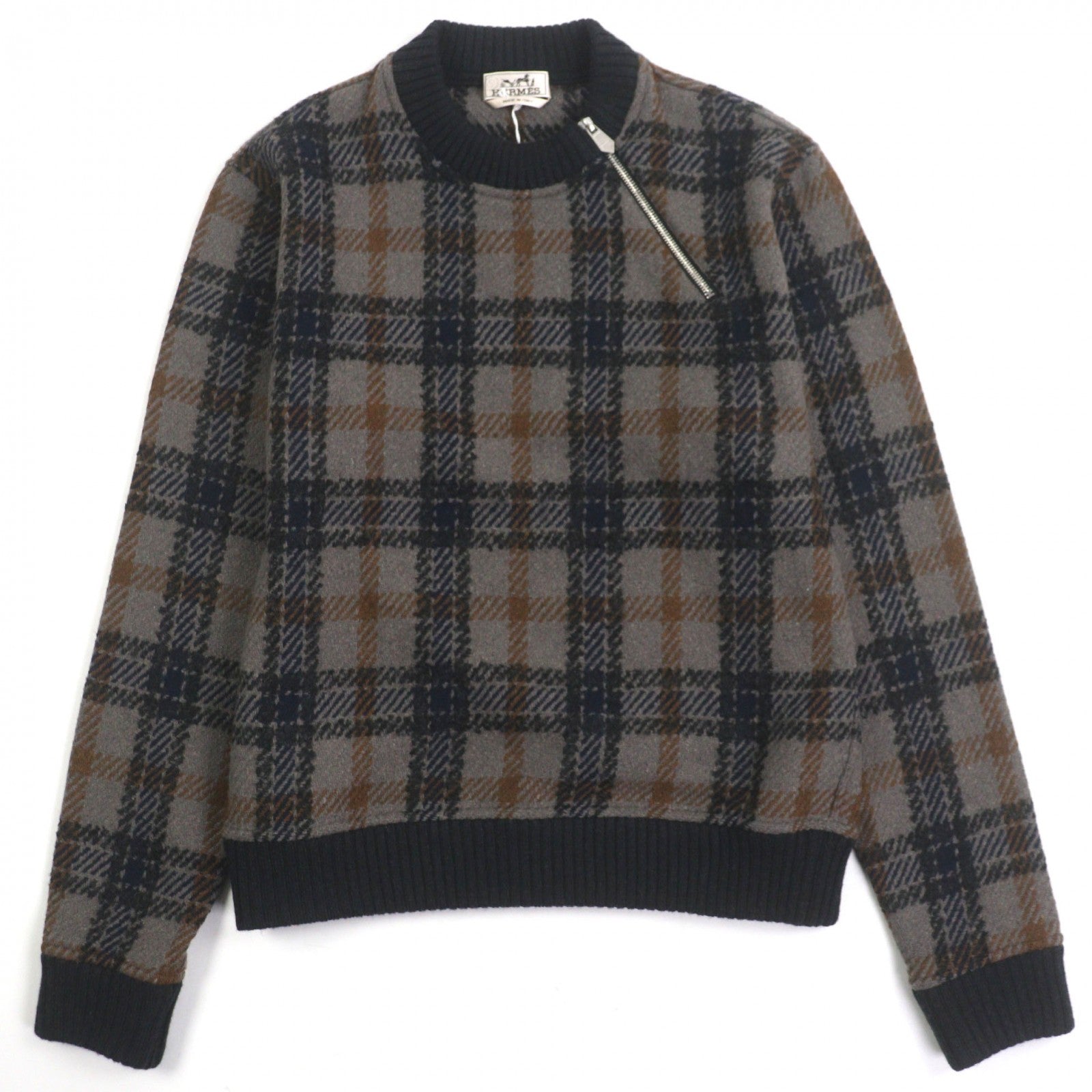 Pristine HERMES sweater Zip design check pattern pullover knit